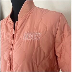 Obey Worldwide Quilted Pink Peach Embroidered Logo Fleece lined Puffer Jacket L